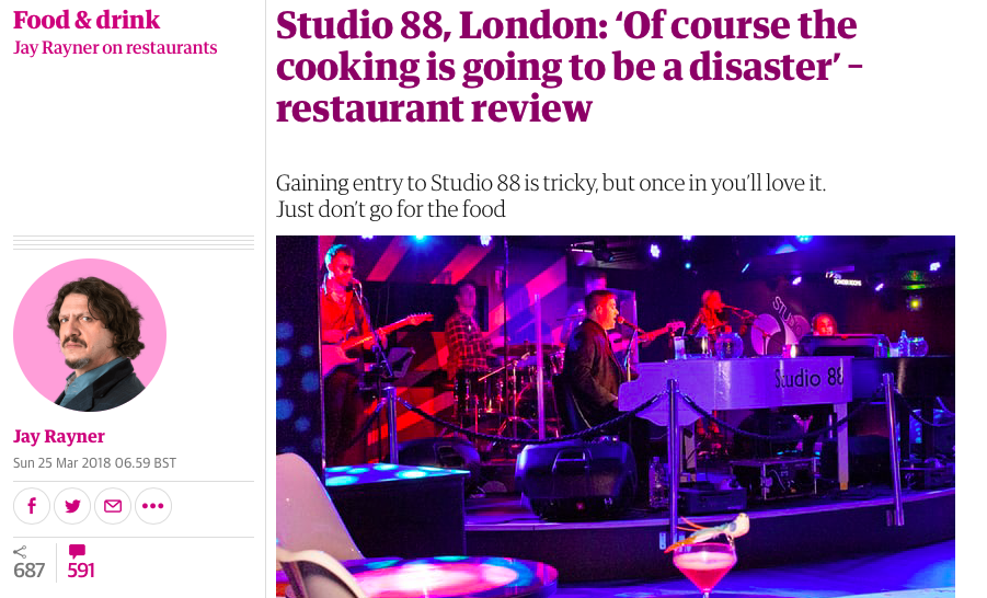 Review of the reviews: Jay Rayner gets frisked at Studio 88 | Harden's